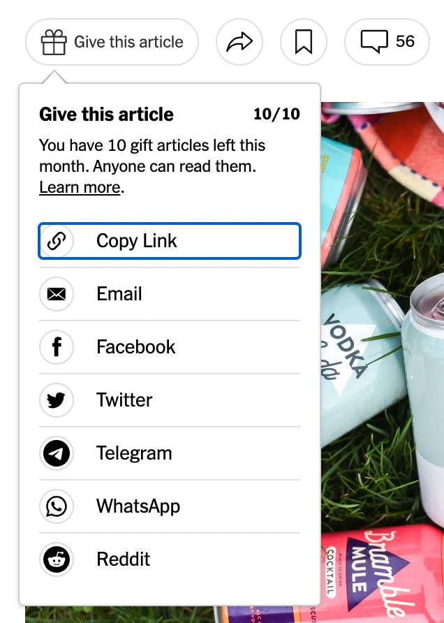 screenshot of gift article sharing menu