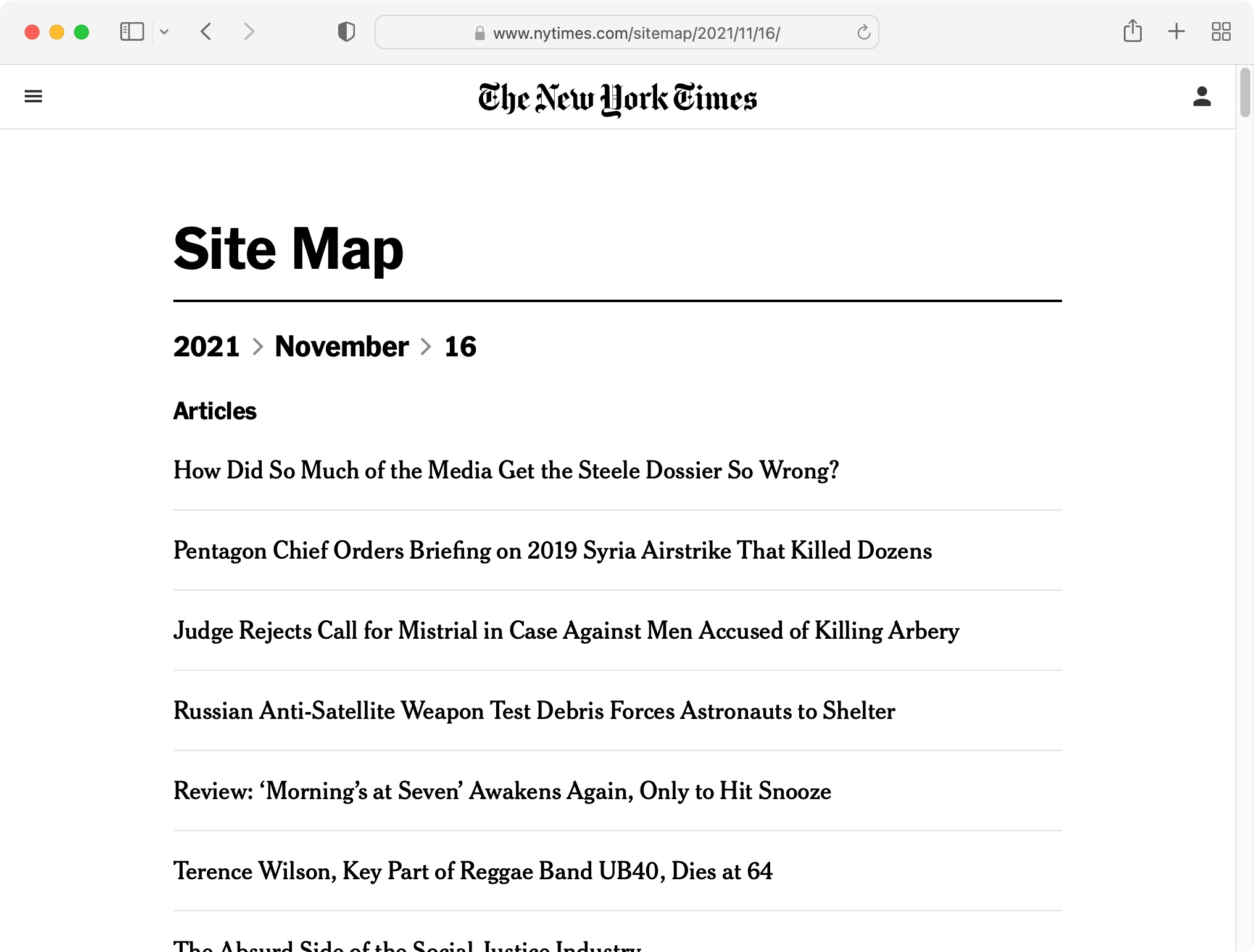 screenshot of nytimes sitemap web page
