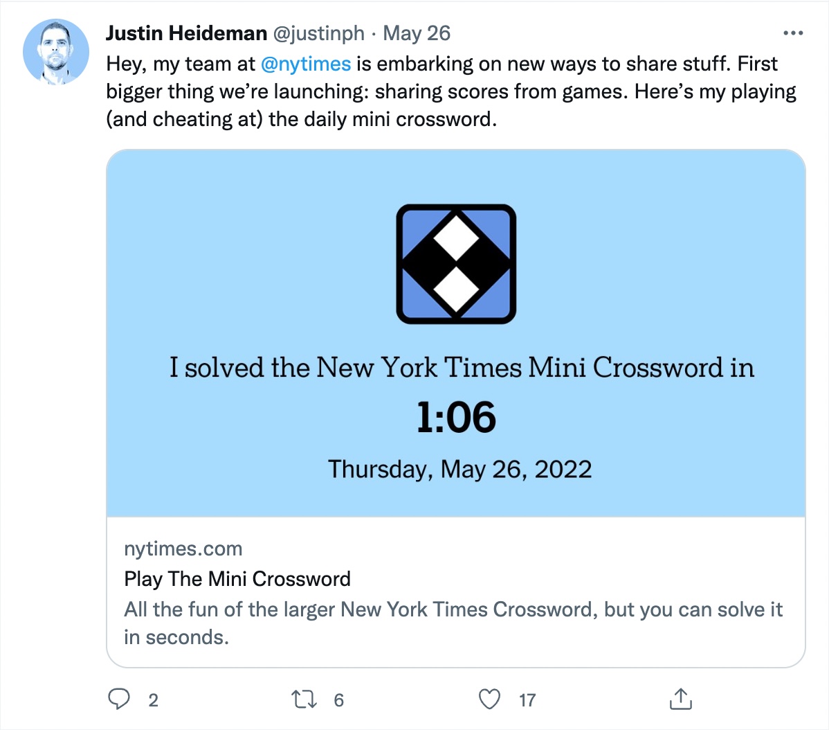 screenshot of tweet with crosswords puzzle score