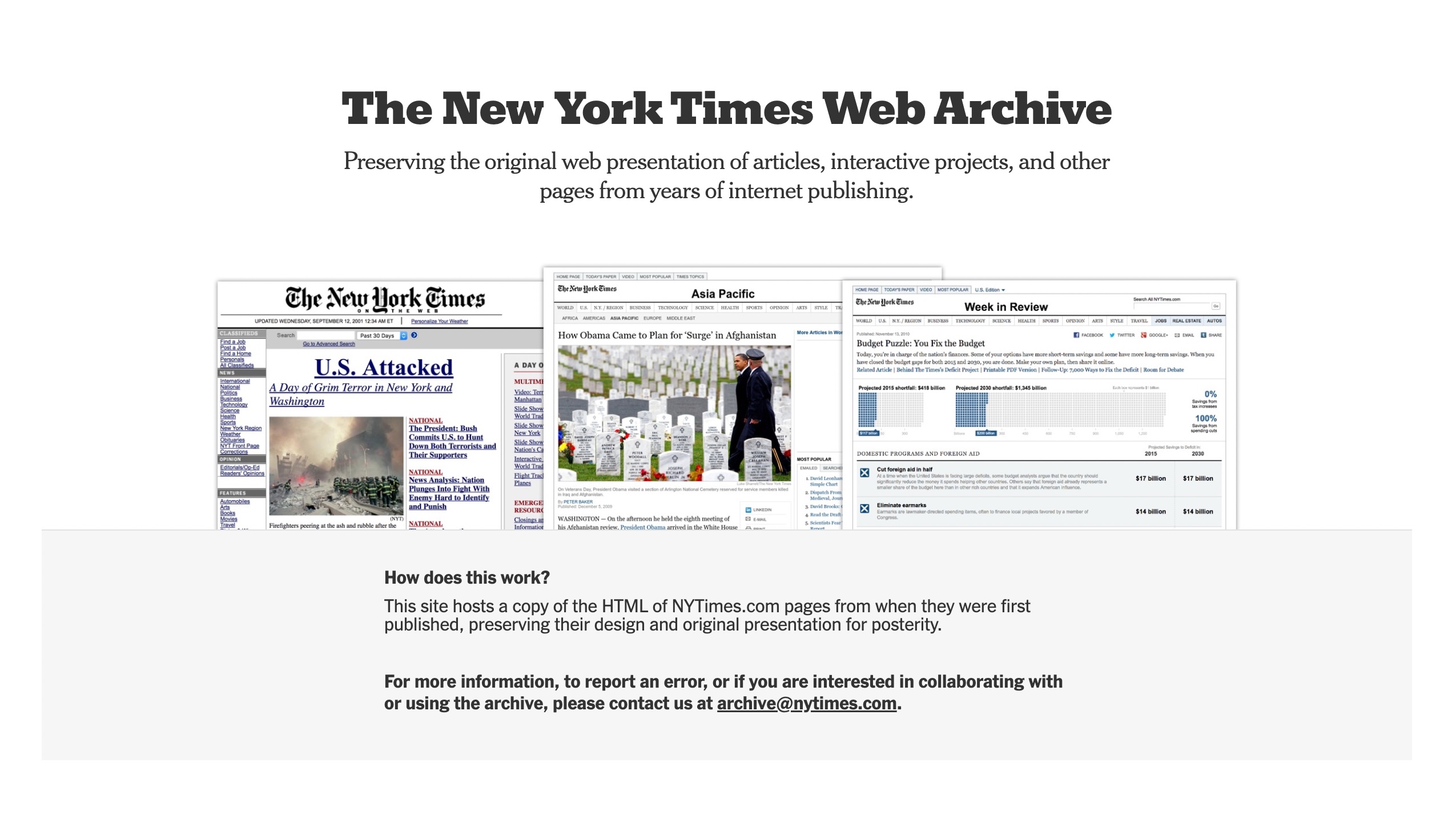 screenshot of nytimes web archive landing page